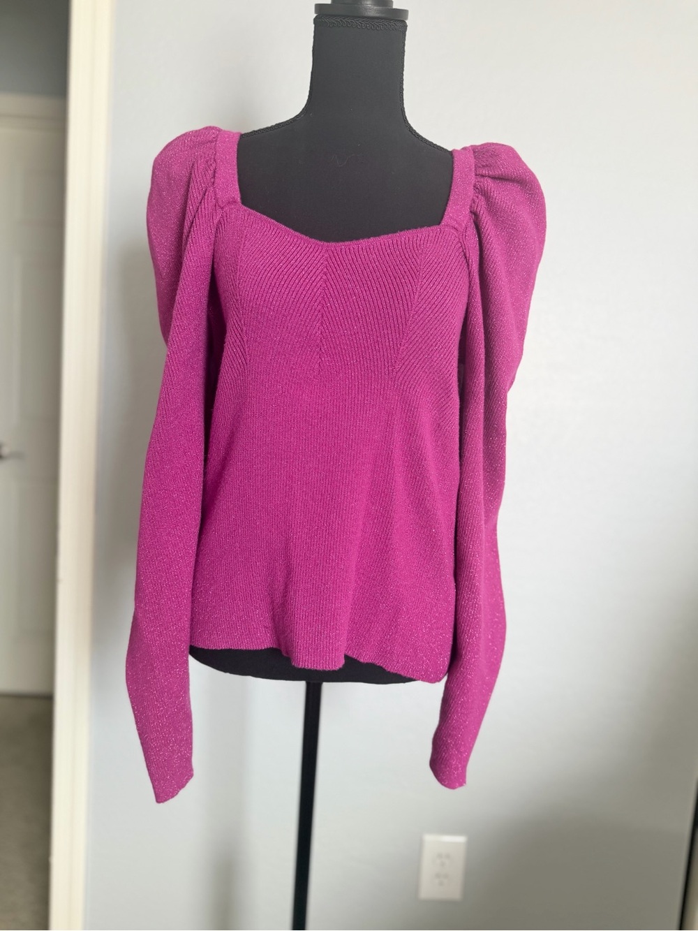 Magenta Puff Shoulder Square Neck Sweater